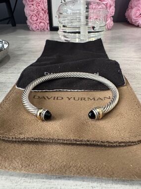 David Yurman Silver Cable Cuff Bracelet with Black Onyx & Gold Accents